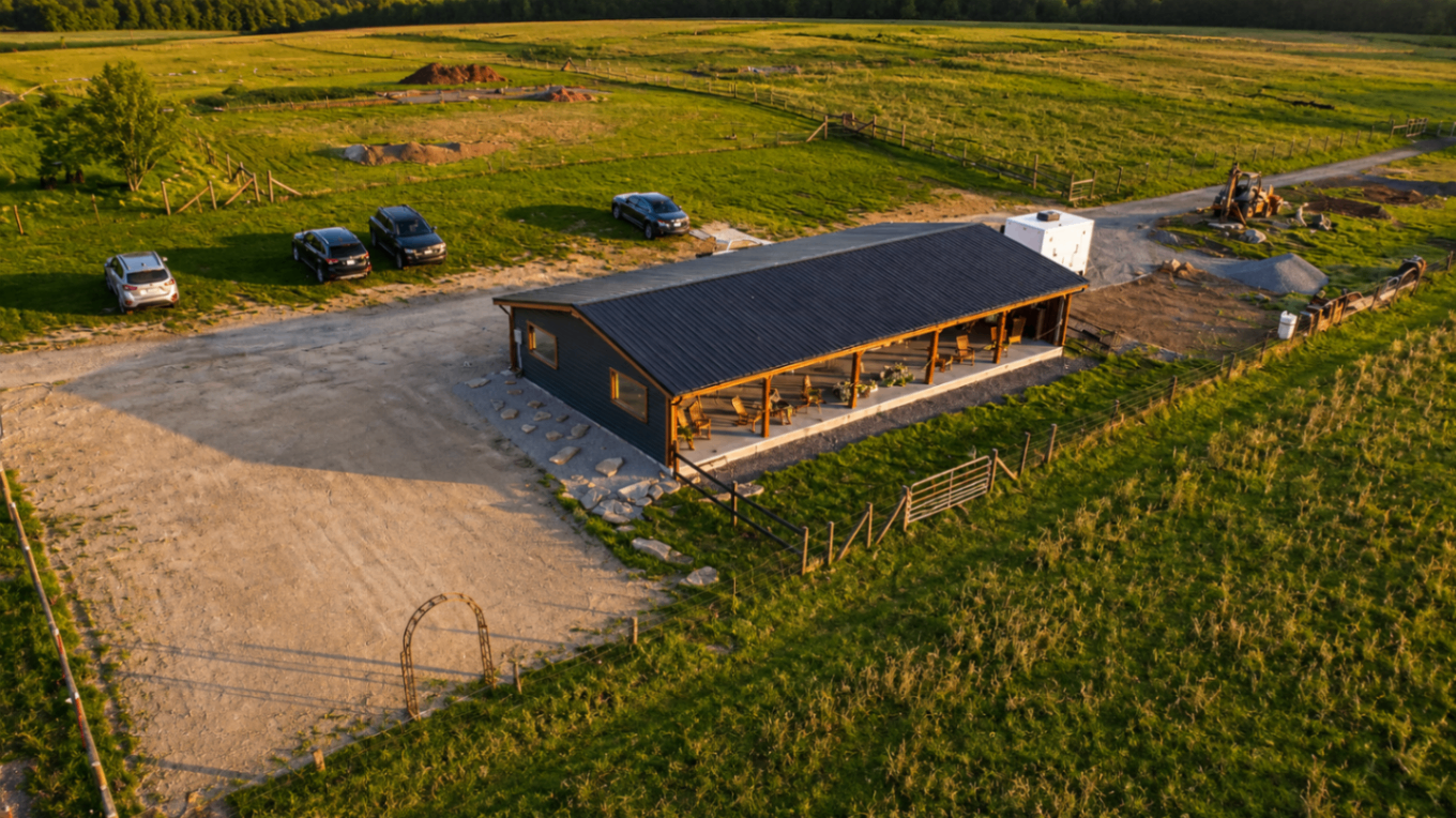 Aerial view of the pavilion and grounds at L & D Farms
