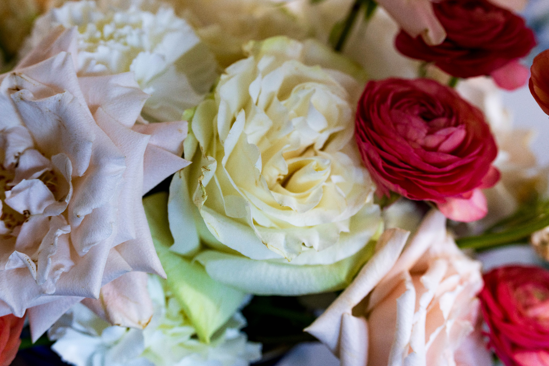 Wedding bouquet with blush, ivory, and pink blooms at L & D Farms
