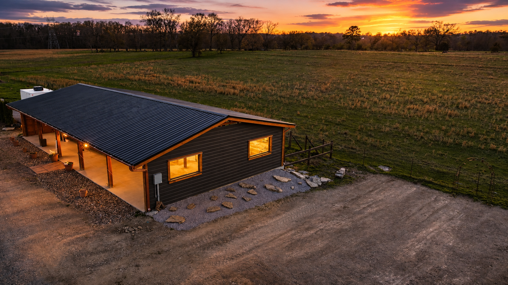 Aerial view of the L & D Farms pavilion at sunset