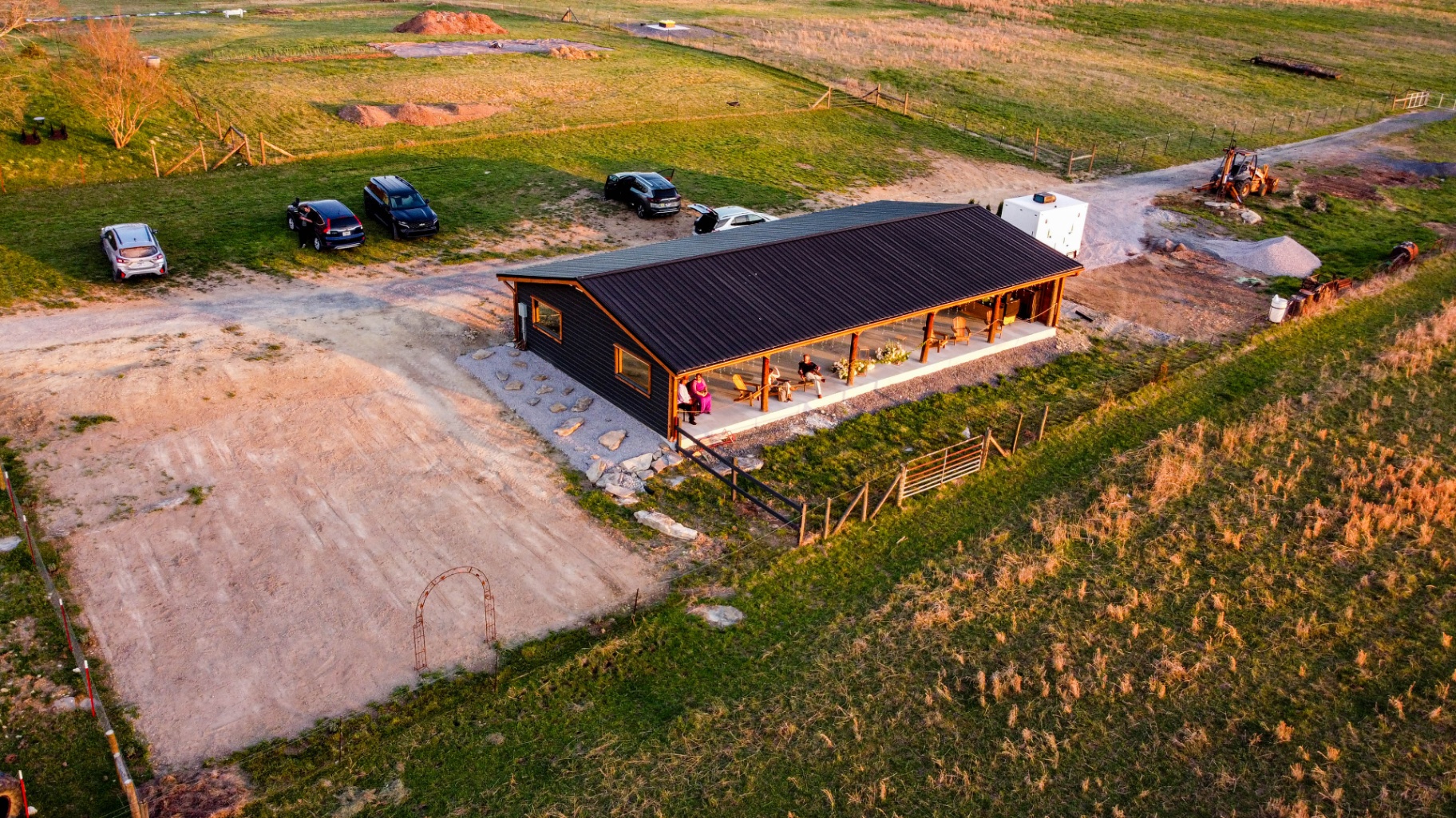 Aerial view of the pavilion and parking area at L & D Farms